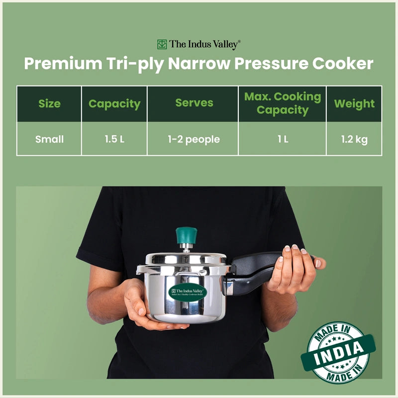 Premium Tri-ply Stainless Steel Narrow Pressure Cooker 1.5L, 100% Food-Safe, 3 Layer Thick Body, Heavy Bottom, 5 Yr Warranty, Induction & Gas