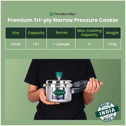 Premium Tri-ply Stainless Steel Narrow Pressure Cooker 1.5L, 100% Food-Safe, 3 Layer Thick Body, Heavy Bottom, 5 Yr Warranty, Induction & Gas