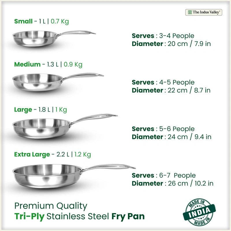 Tri-ply Stainless Steel Fry Pan, 3 Layer Thick Body, Premium Quality, 100% Toxin-free, Non-stick, Induction & Gas 20/22/24/26 cm