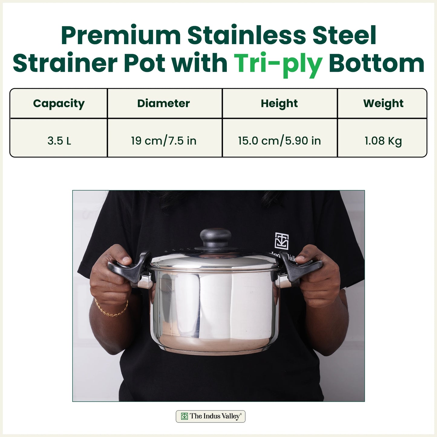 Tri-steel Stainless Steel Rice Pot with Strainer Lid & Lockable Bakelite Handles, Tri-ply 3-Layer Heavy Bottom | Noodle/Pasta/Corn/Soya/Veggies Boiler Pot, Steamer Cooker, Induction & Gas, 1.08 Kg, 19cm, 3.5 L