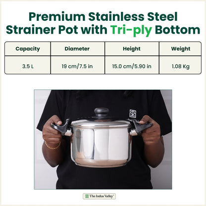 Tri-steel Stainless Steel Rice Pot with Strainer Lid & Lockable Bakelite Handles, Tri-ply 3-Layer Heavy Bottom | Noodle/Pasta/Corn/Soya/Veggies Boiler Pot, Steamer Cooker, Induction & Gas, 1.08 Kg, 19cm, 3.5 L
