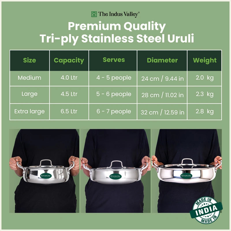 Tri-ply Stainless Steel Uruli with Steel Lid 24cm/28cm/32cm, 3 Layer Thick Body, 100% Toxin-free, Non-stick, Induction & Gas