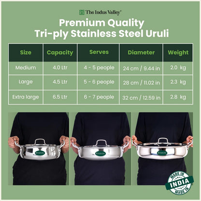 Tri-ply Stainless Steel Uruli with Steel Lid 24cm/28cm/32cm, 3 Layer Thick Body, 100% Toxin-free, Non-stick, Induction & Gas