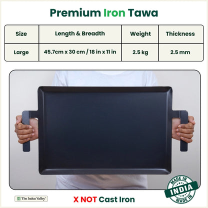 100% Pure Iron Rectangular Tawa with Double Handles, Pre-Seasoned, Toxin-free, Induction, 30cm