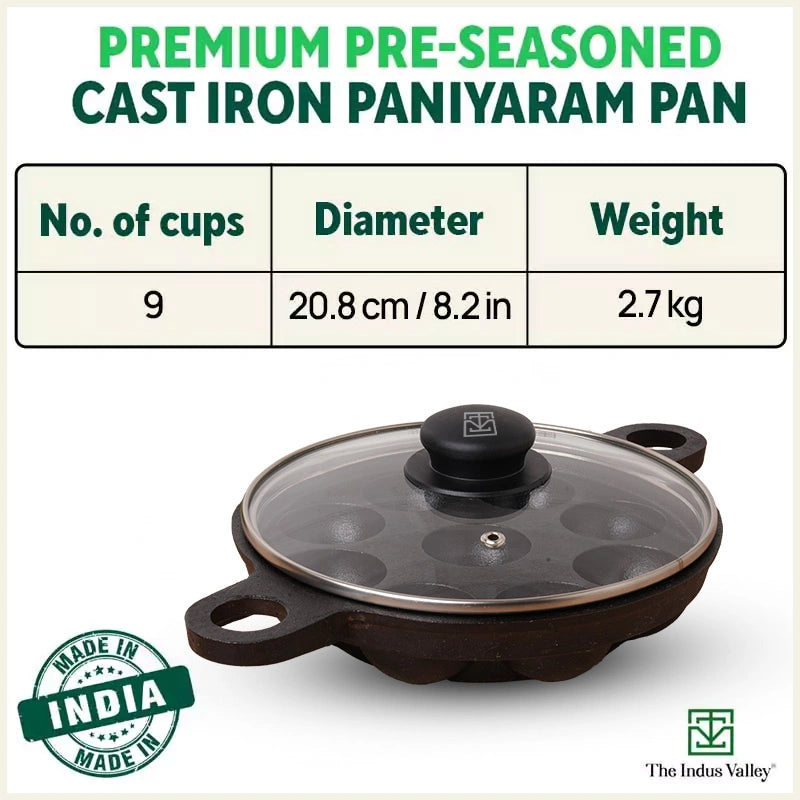 9 Pit/Cup CASTrong Cast Iron Paniyaram/Appe Pan+ Glass Lid 21 cm, Pre-seasoned, Natural Nonstick, 100% Pure, Toxin-free, Gas & Induction