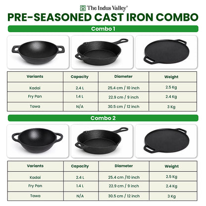 Cast Iron Cookware Set: (30cm)Tawa+ (25.4cm)Kadai+ (22.9cm)Fry Pan, Kitchen Set for Home, Pre-seasoned, 100% Pure, Toxin-free, Free ₹400 Tadka Pan