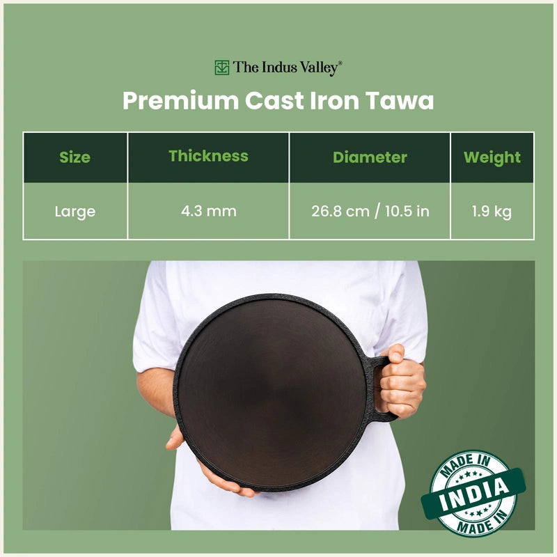 CASTrong Cast Iron Dosa Tawa 26.8 cm+ Wooden Flipper, Pre-seasoned, 100% Pure, Toxin-free, Induction & Gas Compatible