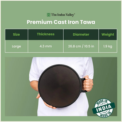 CASTrong Cast Iron Dosa Tawa 26.8 cm+ Wooden Flipper, Pre-seasoned, 100% Pure, Toxin-free, Induction & Gas Compatible