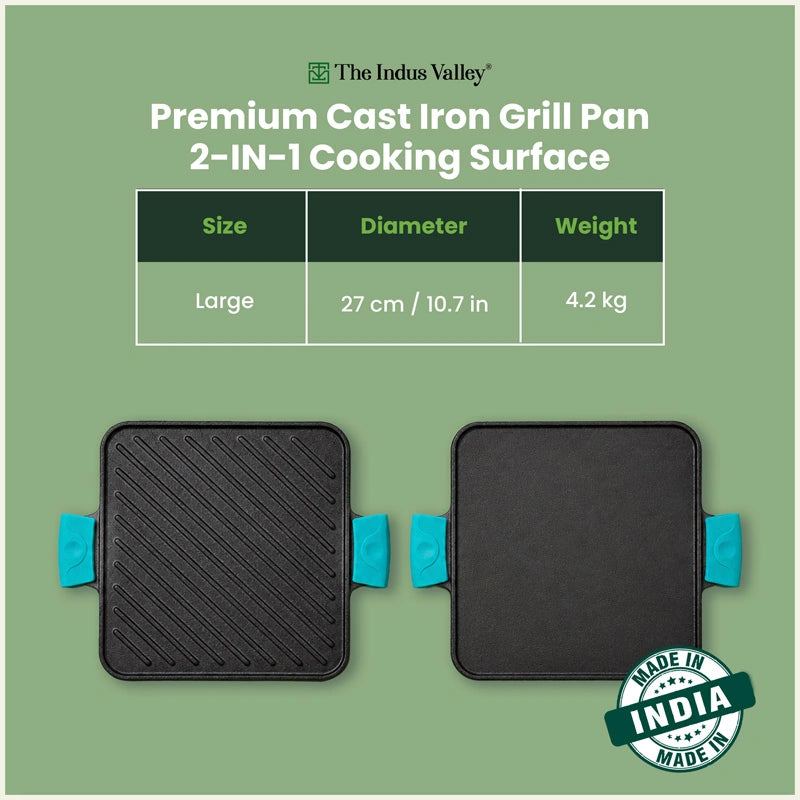 CASTrong Cast Iron Square Griddle / Grill Pan 10.5 Inch with Silicone Grip, Pre-seasoned, 100% Pure, Toxin-free, Induction Compatible