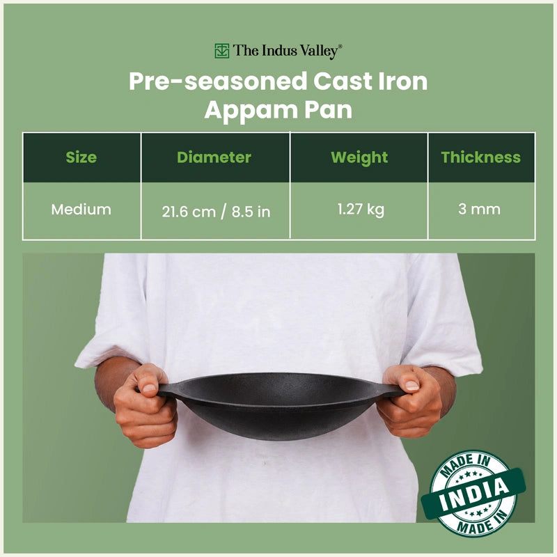 Premium CASTrong Cast Iron Appam Pan 21.6cm, Pre-seasoned, Naturally Nonstick, 100% Pure, Toxin-free, Induction & Gas Compatible