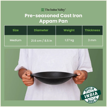 Premium CASTrong Cast Iron Appam Pan 21.6cm, Pre-seasoned, Naturally Nonstick, 100% Pure, Toxin-free, Induction & Gas Compatible