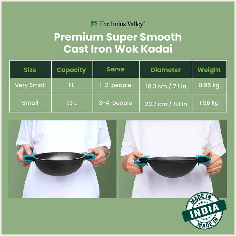 Super Smooth CASTrong Cast Iron Kadai / Wok 18.3cm & 20.7cm with Silicone Grip, Naturally Non-stick, Premium Quality, 100% Pure, Toxin-free