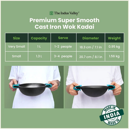 Super Smooth CASTrong Cast Iron Kadai / Wok 18.3cm & 20.7cm with Silicone Grip, Naturally Non-stick, Premium Quality, 100% Pure, Toxin-free