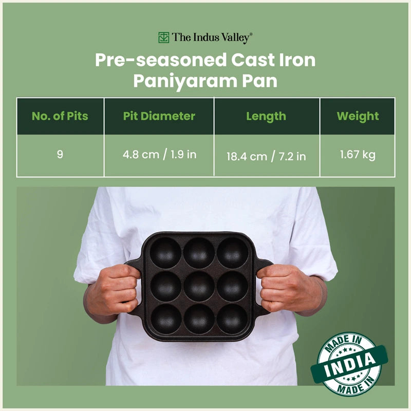 CASTrong Cast Iron Square Paniyaram Pan 9 Pit, Pre-seasoned, Naturally Nonstick, 100% Pure, Toxin-free, 1.67kg