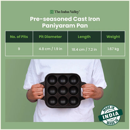 CASTrong Cast Iron Square Paniyaram Pan 9 Pit, Pre-seasoned, Naturally Nonstick, 100% Pure, Toxin-free, 1.67kg
