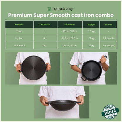 Super Smooth Cast Iron Cookware Set: (30cm)Tawa+ (26cm)Kadai+ (24.8cm)Fry Pan, Kitchen Set for Home, Pre-seasoned, 100% Pure, Toxin-free, Free ₹400 Tadka Pan