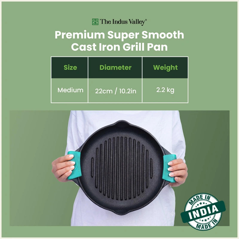 CASTrong Cast Iron Round Double Handle Grill Pan 22cm with Silicone Grip, Pre-seasoned, 100% Pure, Toxin-free, Induction & Gas Compatible