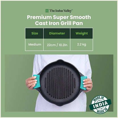 CASTrong Cast Iron Round Double Handle Grill Pan 22cm with Silicone Grip, Pre-seasoned, 100% Pure, Toxin-free, Induction & Gas Compatible