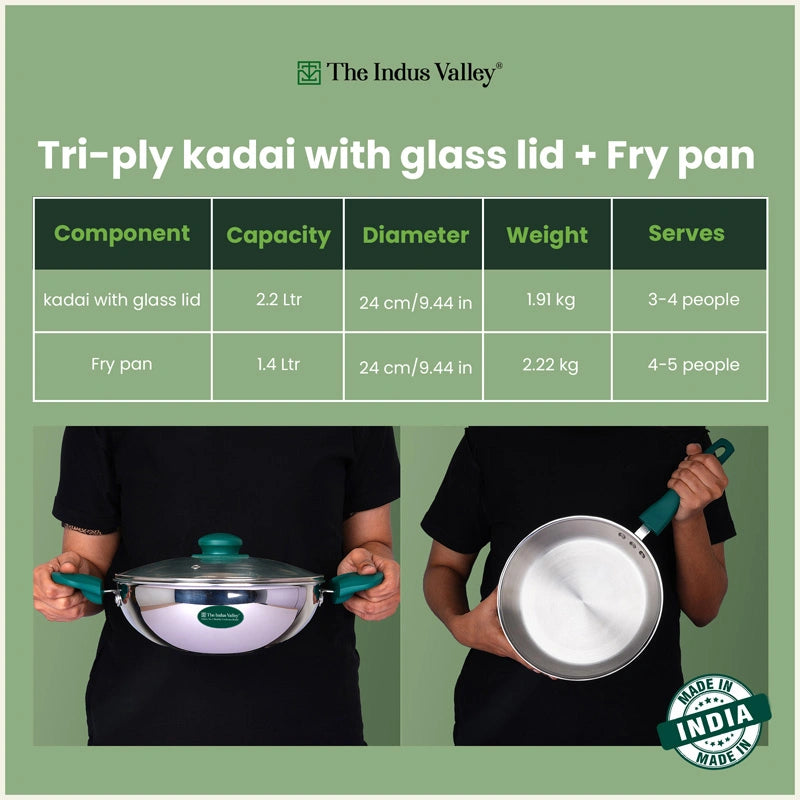 Premium Tri-ply Cookware Set: Kadai with Glass Lid(22cm)+ Frypan(22cm), Tri-ply (3 Layer) Bottom, Induction & Gas