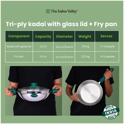 Premium Tri-ply Cookware Set: Kadai with Glass Lid(22cm)+ Frypan(22cm), Tri-ply (3 Layer) Bottom, Induction & Gas