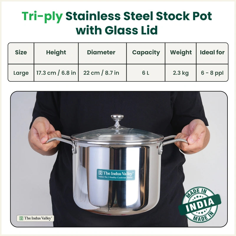 6L TurboCuk Tri-ply Stainless Steel Tall Biryani Pot/Casserole+ Glass Lid, Premium Quality, 3 Layer Thick Body, 100% Toxin-free, Non-stick, Induction & Gas