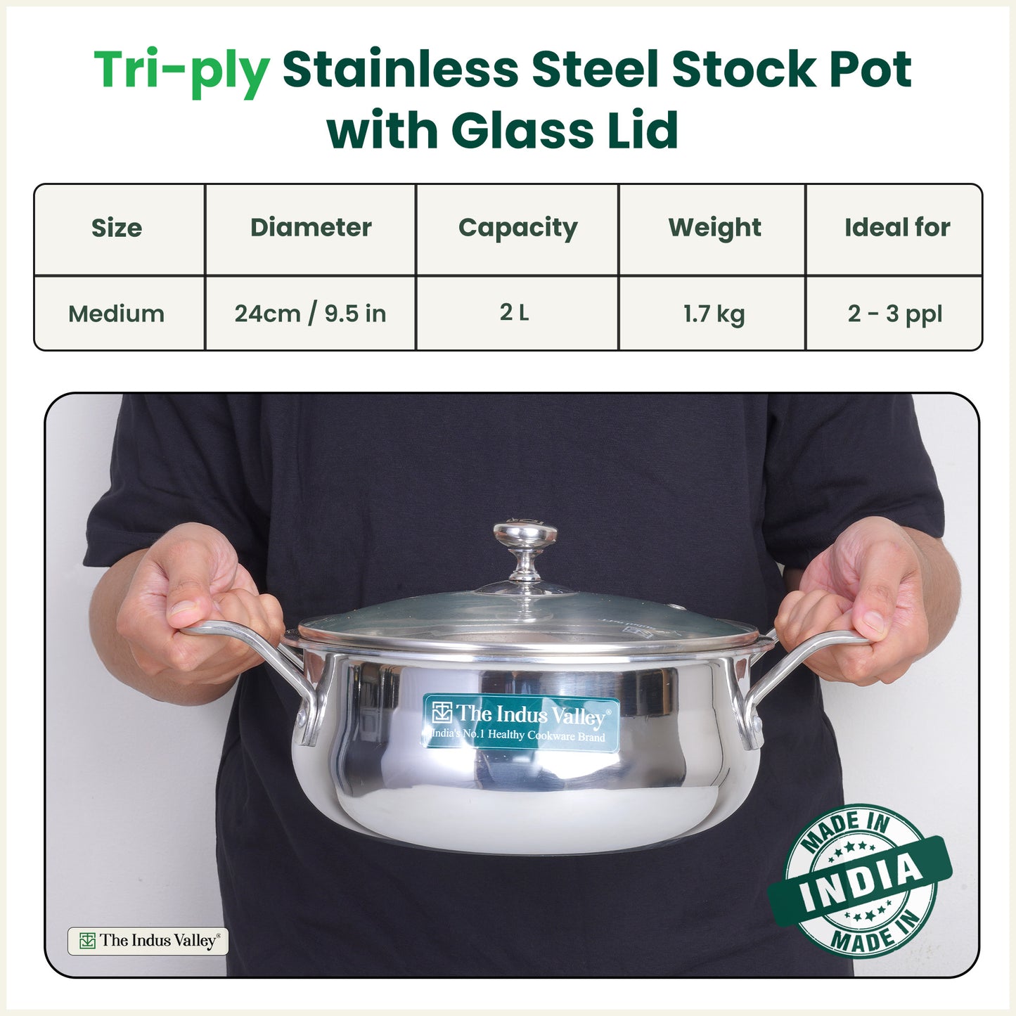 TurboCuk Tri-ply Biryani Cooking Pot/Casserole+ Glass Lid 2L, Wide Handi Shape, Premium Quality, 3 Layer Thick Body, 100% Toxin-free, Non-stick, Induction & Gas