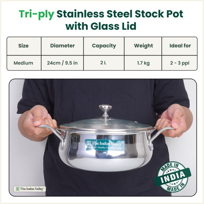 TurboCuk Tri-ply Biryani Cooking Pot/Casserole+ Glass Lid 2L, Wide Handi Shape, Premium Quality, 3 Layer Thick Body, 100% Toxin-free, Non-stick, Induction & Gas