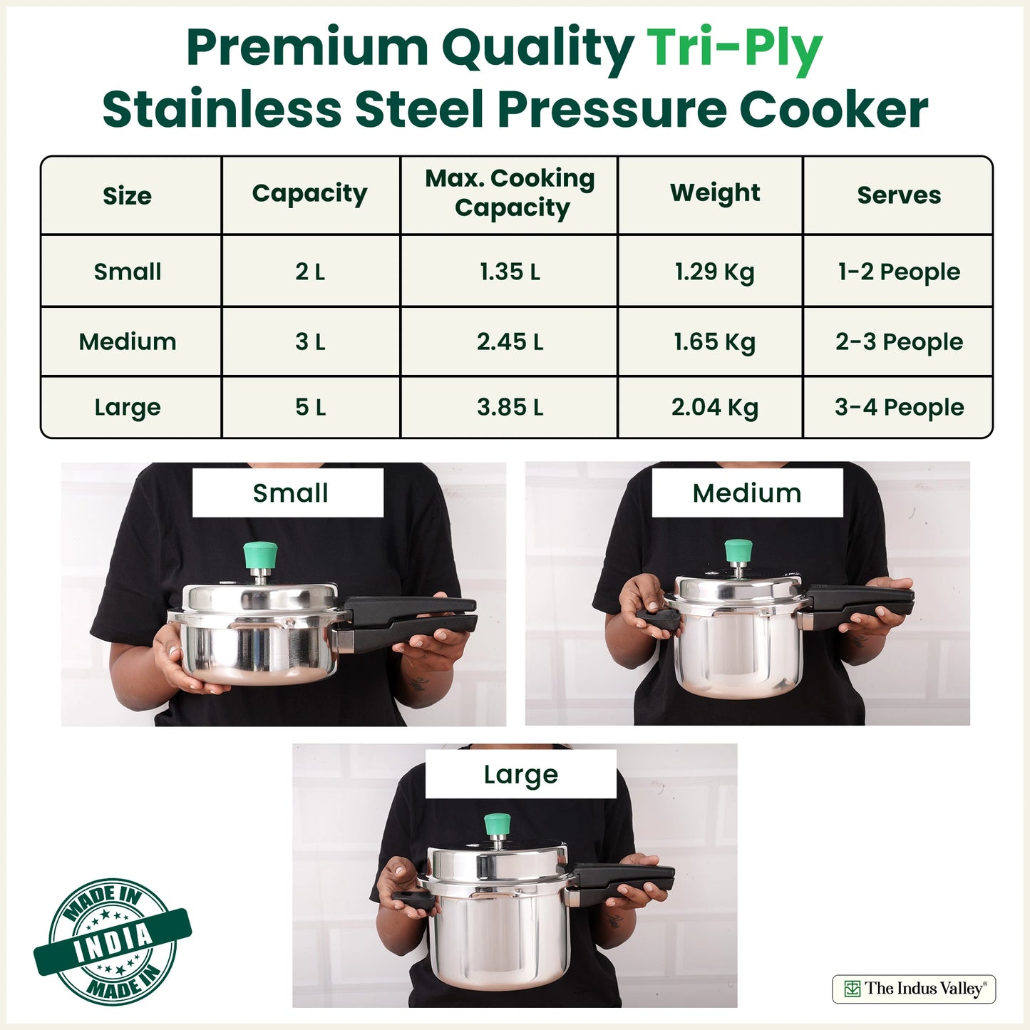 RapidCuk Tri-Ply Stainless Steel Pressure Cooker for Kitchen, 100% Food-Safe, Premium Quality, 3 Layer Thick Body, Heavy Bottom, 5 Yr Warranty, Induction & Gas, 2/3/5L