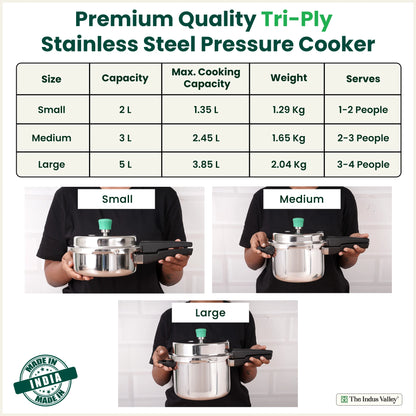 RapidCuk Tri-Ply Stainless Steel Pressure Cooker for Kitchen, 100% Food-Safe, Premium Quality, 3 Layer Thick Body, Heavy Bottom, 5 Yr Warranty, Induction & Gas, 2/3/5L