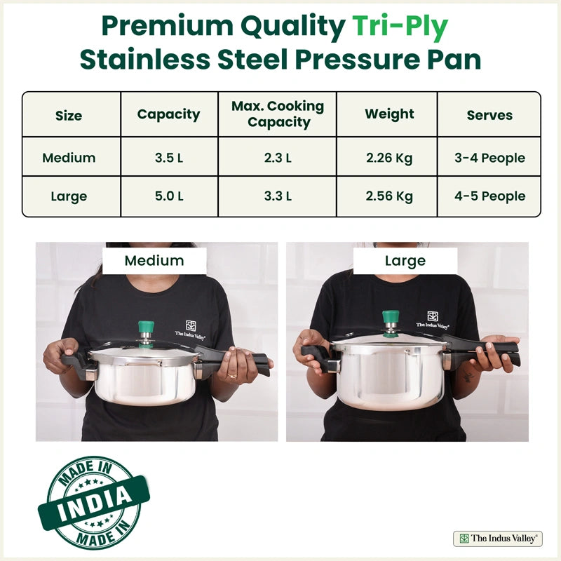 Tri-ply Stainless Steel Pressure Pan 3.5/5L, Premium Quality, 3 Layer Thick Body, Heavy Bottom, 100% Food-safe, ISI Certified, Induction & Gas