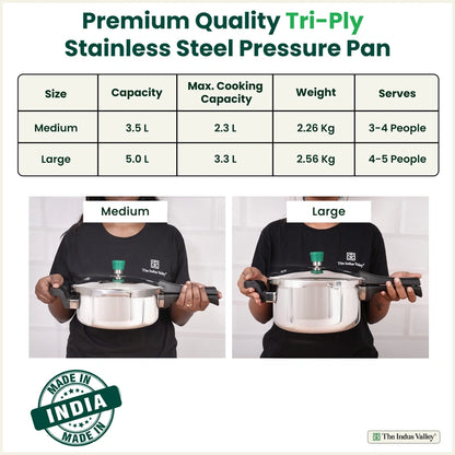 Tri-ply Stainless Steel Pressure Pan 3.5/5L, Premium Quality, 3 Layer Thick Body, Heavy Bottom, 100% Food-safe, ISI Certified, Induction & Gas