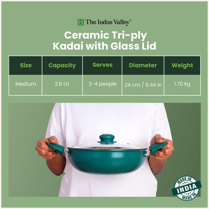 Tri-ply Ceramic  Kadai with Glass Lid -24cm, Ceramic Coating, 100% Toxin-Free, PFOA & PFAS Free, Non-Stick, Induction & Gas Compatible