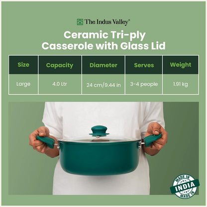 Tri-ply Ceramic Short Casserole with Glass Lid -24cm, Ceramic Coating, 100% Toxin-Free, PFOA & PFAS Free, Non-Stick, Induction & Gas Compatible