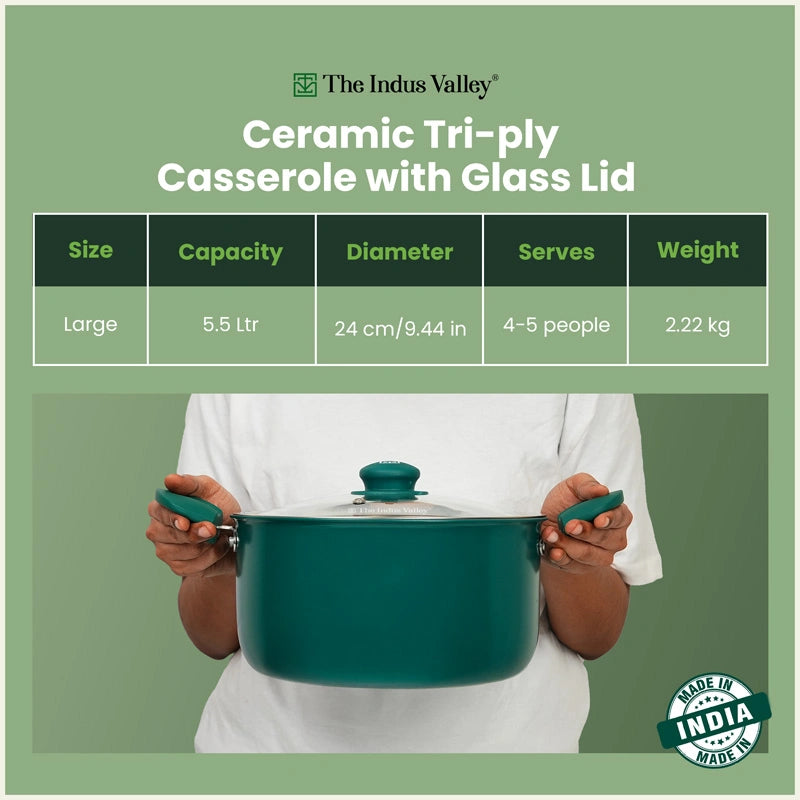 Tri-ply Ceramic Tall Casserole with Glass Lid -24cm, Ceramic Coating, 100% Toxin-Free, PFOA & PFAS Free, Non-Stick, Induction & Gas Compatible