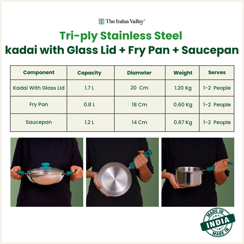 Premium Tri-ply Cookware Set: Kadai with Glass Lid(20cm)+Saucepan(14cm)+ Frypan(18cm), Tri-ply (3 Layer) Bottom, Induction & Gas