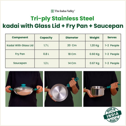 Premium Tri-ply Cookware Set: Kadai with Glass Lid(20cm)+Saucepan(14cm)+ Frypan(18cm), Tri-ply (3 Layer) Bottom, Induction & Gas
