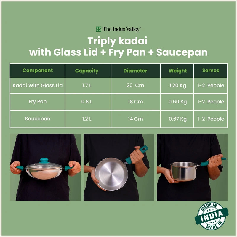 Premium Tri-ply Cookware Set: Kadai with Glass Lid(20cm)+Saucepan(14cm)+ Frypan(18cm)with Glass Lid, Tri-ply (3 Layer) Bottom, Induction & Gas