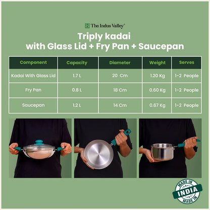 Premium Tri-ply Cookware Set: Kadai with Glass Lid(20cm)+Saucepan(14cm)+ Frypan(18cm)with Glass Lid, Tri-ply (3 Layer) Bottom, Induction & Gas