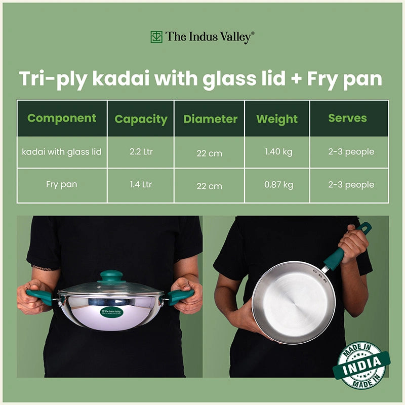 Premium Tri-ply Stainless Steel Cookware Set: 22cm Kadai with Glass Lid + 22cm Frypan, 3 Layer Body, Cool Touch Handles, Induction & Gas Compatible