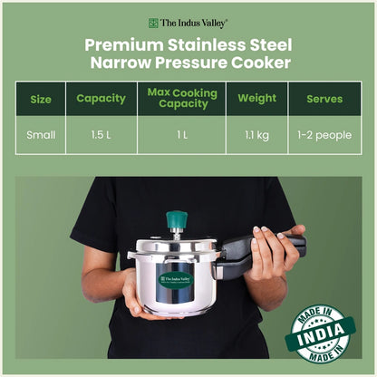 Premium Stainless Steel  Narrow Pressure Cooker – 1.5 Ltr, Heavy Bottom, 100% Safe, ISI Certified, 3 Yr Warranty, Induction & Gas