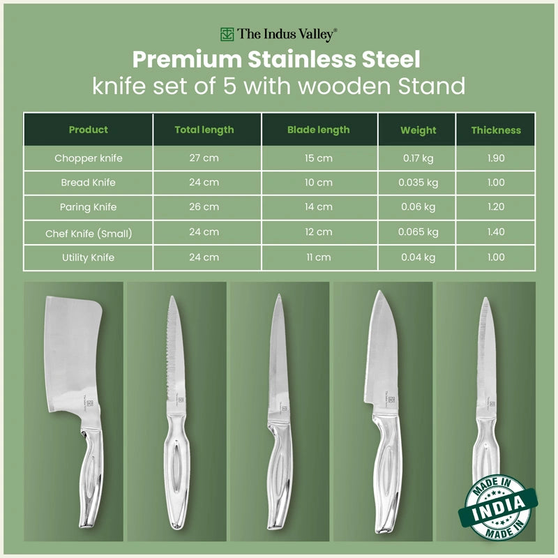 Premium Stainless Steel Knife Set of 5 with Wooden Stand