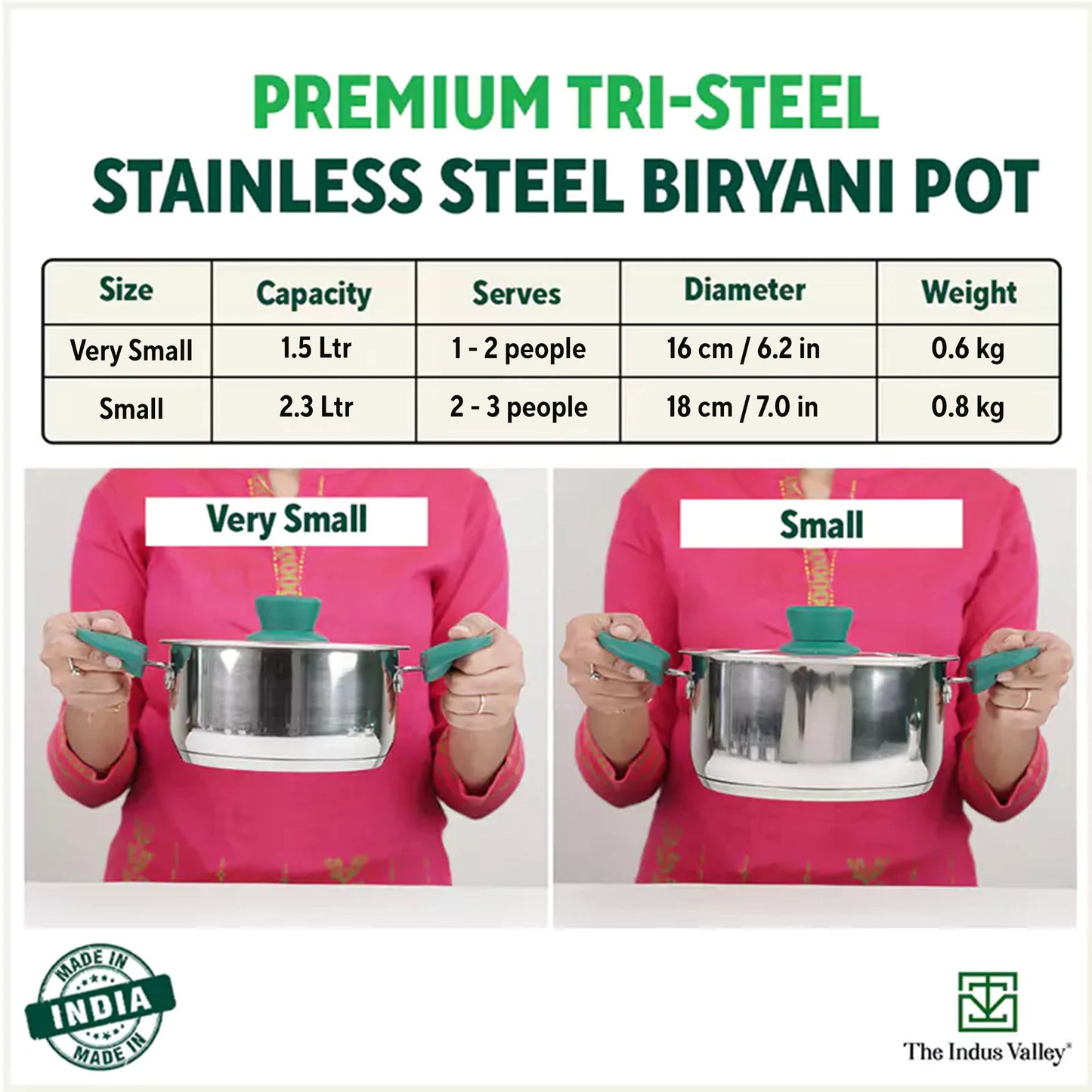 Tri-Steel Stainless Steel Biryani Pot+ Lid, Premium Quality, Tri-ply (3 Layer) Bottom, Soft-touch Handles, 100% Toxin-free, Non-stick, Induction & Gas, 1.5/2 L, 16.9/19 cm