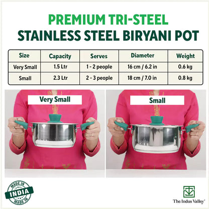 Tri-Steel Stainless Steel Biryani Pot+ Lid, Premium Quality, Tri-ply (3 Layer) Bottom, Soft-touch Handles, 100% Toxin-free, Non-stick, Induction & Gas, 1.5/2 L, 16.9/19 cm