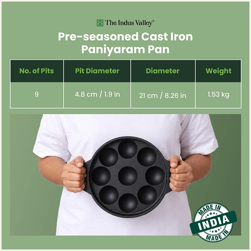 Super Smooth 21 cm 9 Pit/Cup Cast Iron Paniyaram/Appe Pan, Pre-seasoned, Natural Nonstick, 100% Pure, Toxin-free,21 cm, 1.53 kg