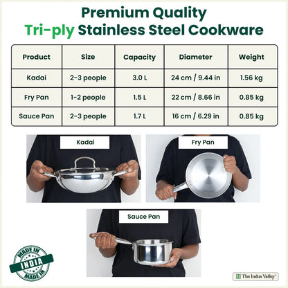 TurboCuk Tri-ply Stainless Steel Cookware Set: 24cm Kadai with Lid + 22cm Fry Pan + 16cm Sauce pan, Premium Quality, 3 Layer Thick Body, 100% Toxin-free, Non-stick, Induction & Gas