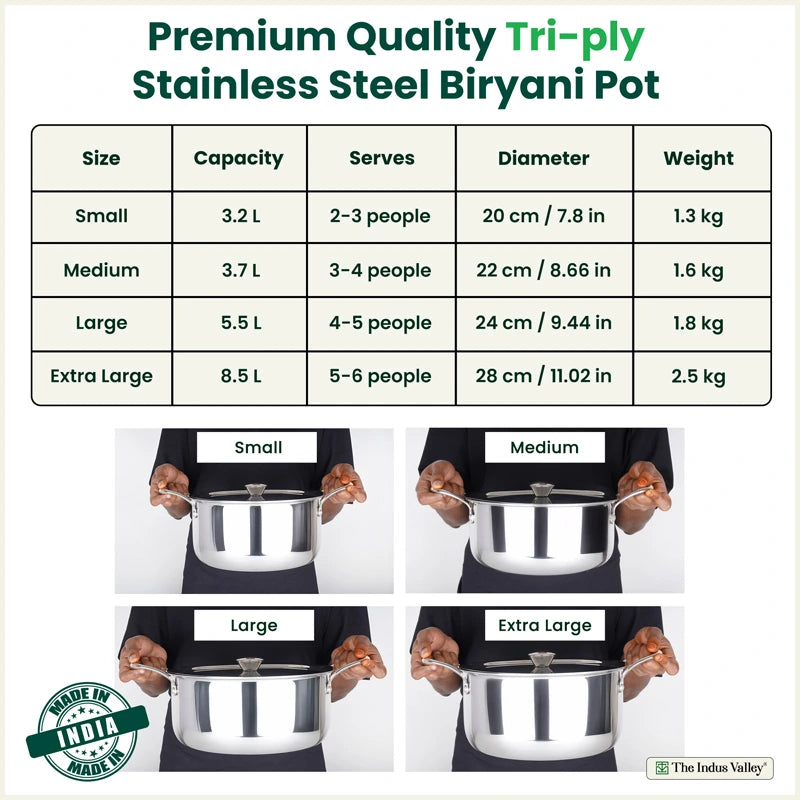 Tri-ply Stainless Steel Biryani Pot/ Casserole/ Sauce Pot with Steel Lid 3.2L/3.7L/5.5L/8.5L, Premium Quality, 3 Layer Thick Body, 100% Toxin-free, Non-stick, Induction & Gas