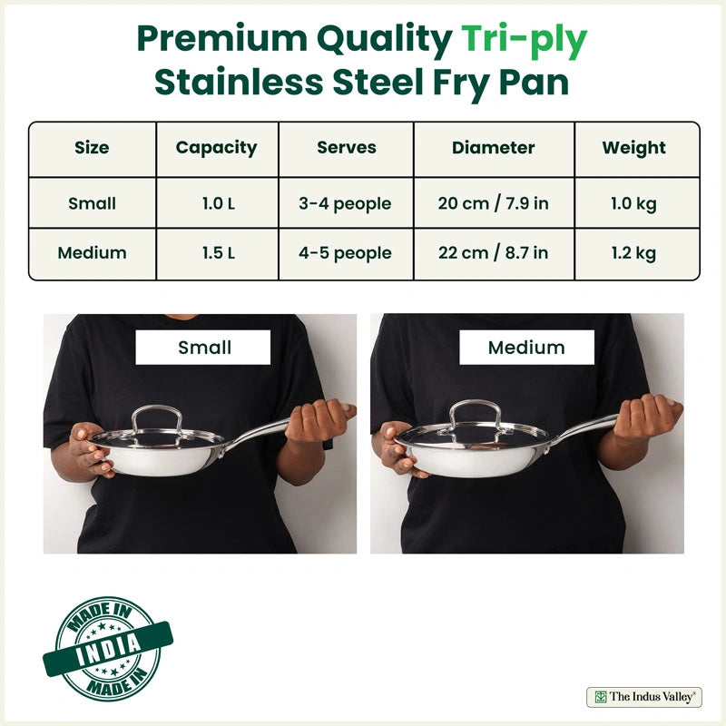 Premium Quality Tri-ply Stainless Steel Fry Pan with Lid 1/1.5 L, 3 Layer Thick Body, 100% Toxin-free, Non-stick, Induction & Gas