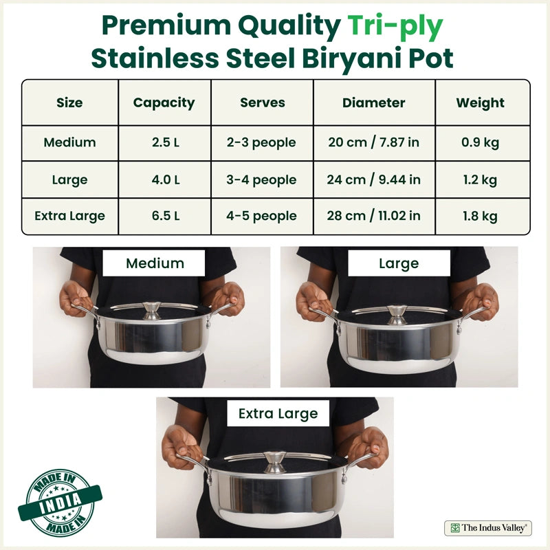 Premium Quality Tri-ply Stainless Steel Short Biryani Pot/Casserole/Stock Pot with Steel Lid 2.5L / 4.0L / 6.5L, 100% Toxin-free, Wide Base, 3 Layer Thick Body, Non-stick, Induction & Gas