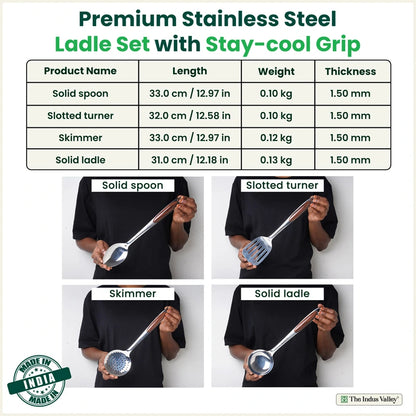 Premium Stainless Steel Ladle Set with Woody Handle – Set of 4 | Solid Spoon, Slotted Turner, Skimmer & Ladle | Heat-Resistant, 100% Food-Safe, Rust-Free, Easy to Clean