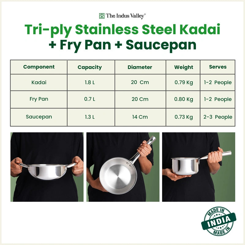 Tri-ply Stainless Steel Cookware Set: 20cm Kadai + 20cm Fry Pan + 14cm Sauce pan, Premium Quality, 3 Layer Thick Body, 100% Toxin-free, Non-stick, Induction & Gas
